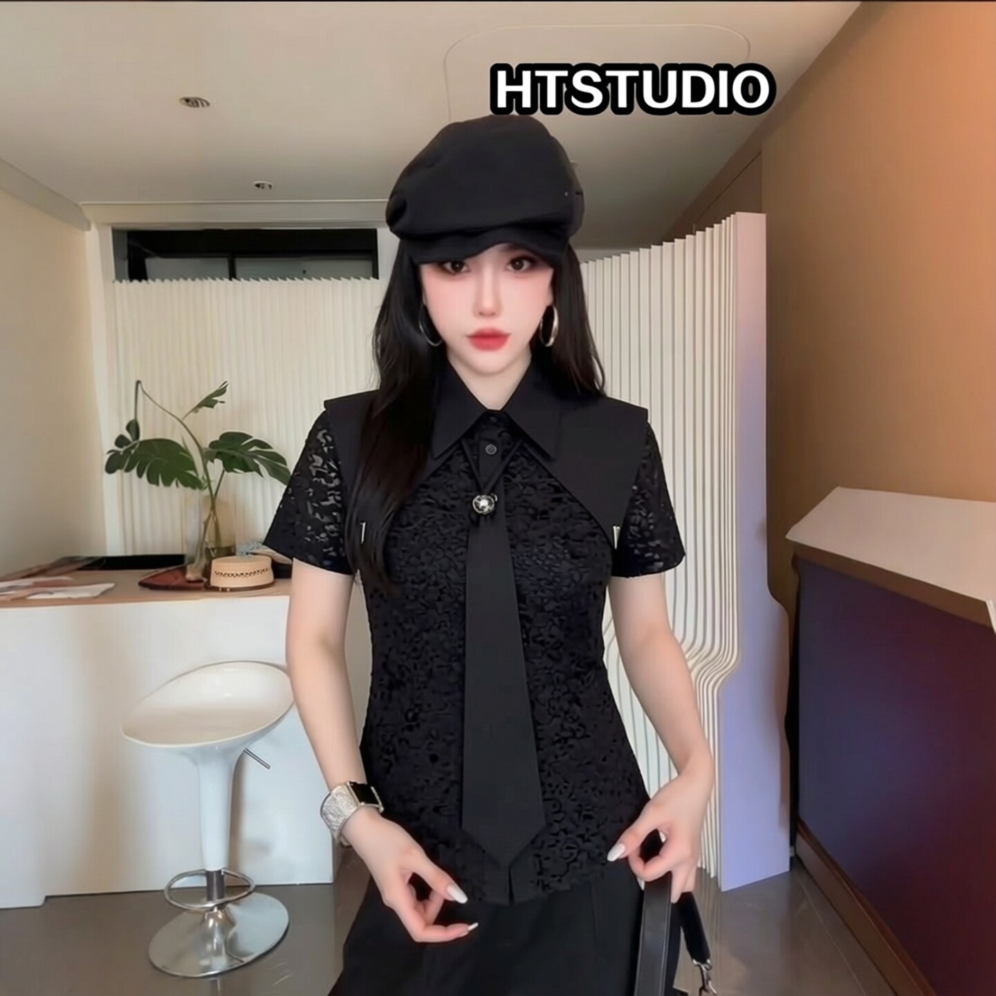 欧洲站翻领短袖披肩蕾丝衬衫女潮