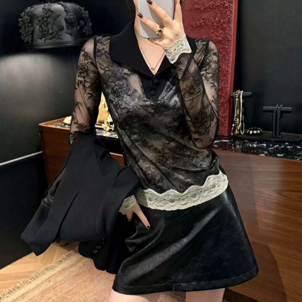 网纱蕾丝双层翻领打底t恤女2026
