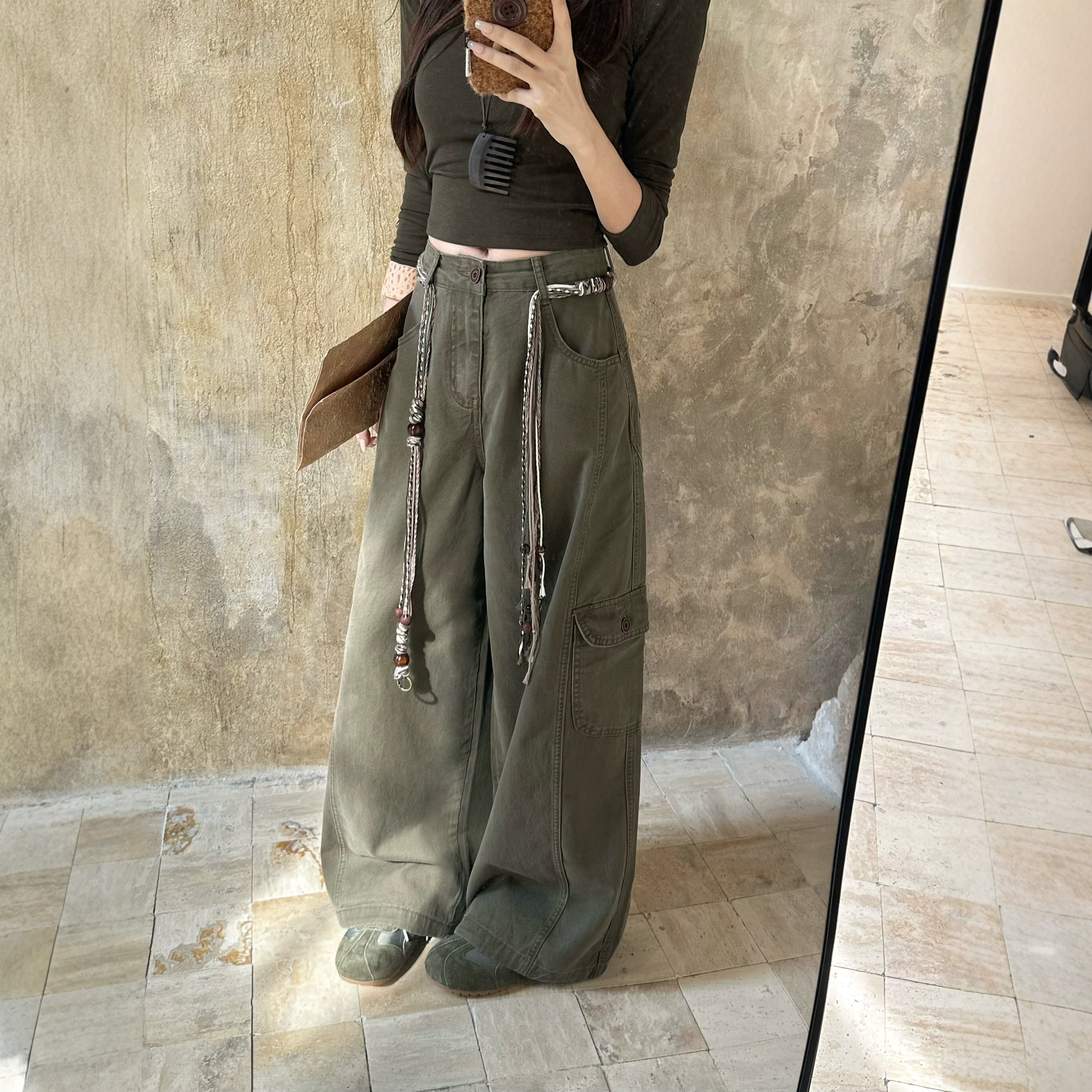ZM高街军绿高腰阔腿工装牛仔裤女