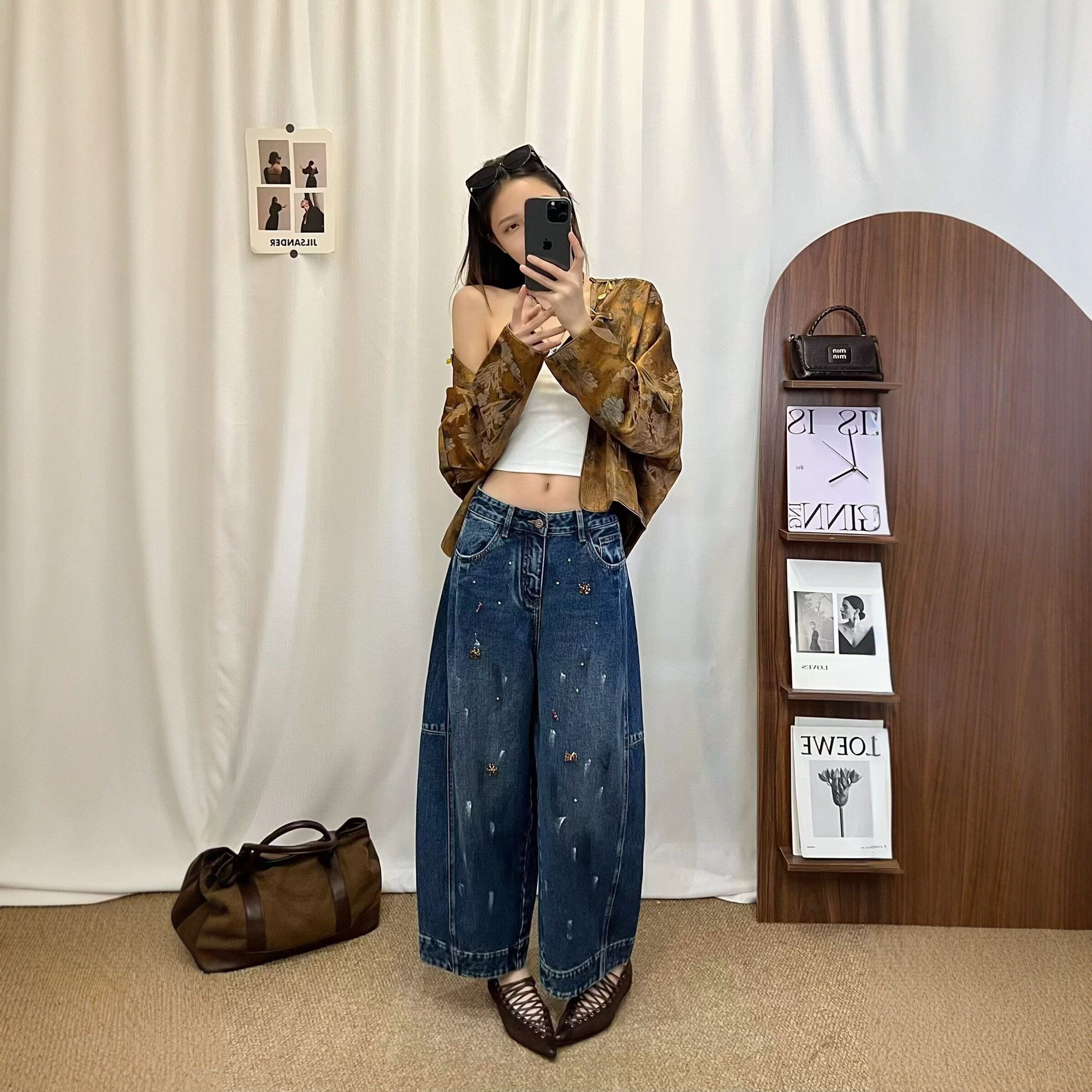 欧洲站2026新款秋季复古做旧水洗阔腿牛仔裤女宽松显瘦涂鸦弯刀裤