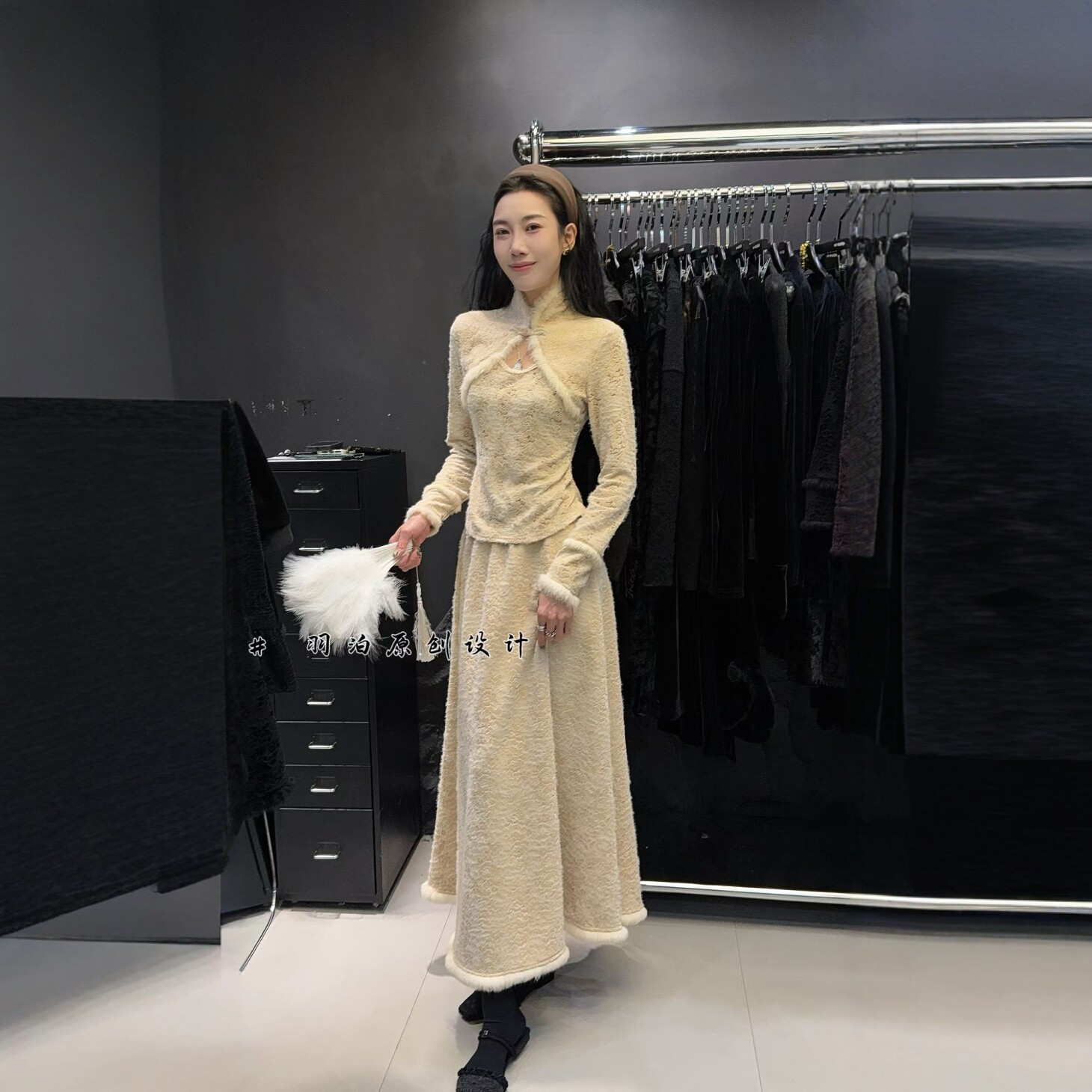 立领拼兔毛新中式国风衬衫女2025新款秋冬欧洲站显瘦改良唐装上衣
