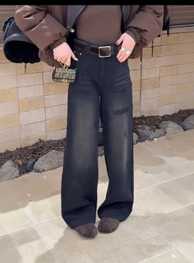 ZM.eeg高级感阔腿牛仔裤女2025新款加绒加厚欧洲站冬季腰带长裤潮