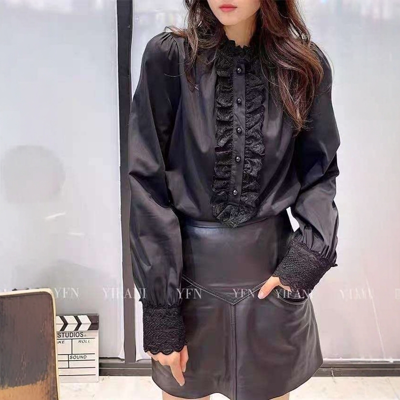 立领蕾丝花边法式衬衫女欧洲站2024秋冬新款宽松纯色长袖上衣潮