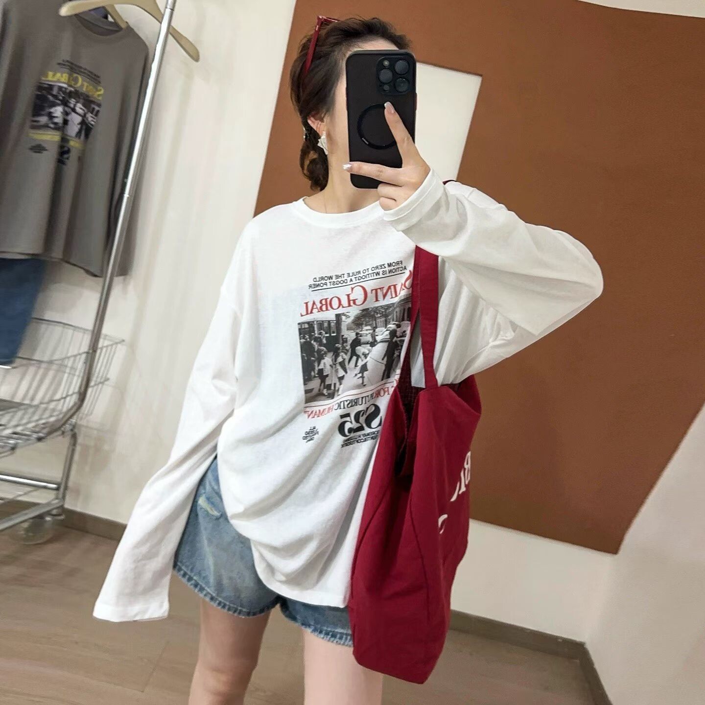 印花防晒长袖T恤女中长款上衣潮