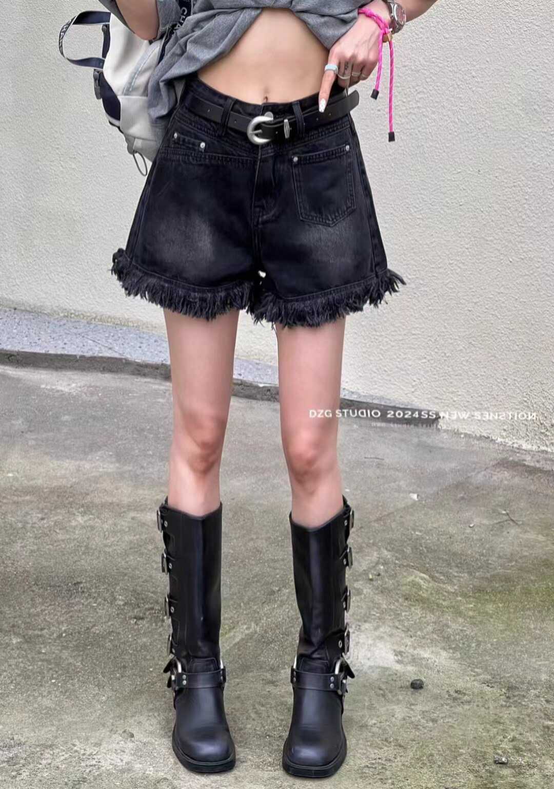 设计感欧洲站黑色毛边牛仔短裤