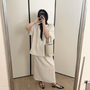韩版休闲麻料套装裙女2026年夏新欧洲站丝巾短袖上衣半身裙两件套