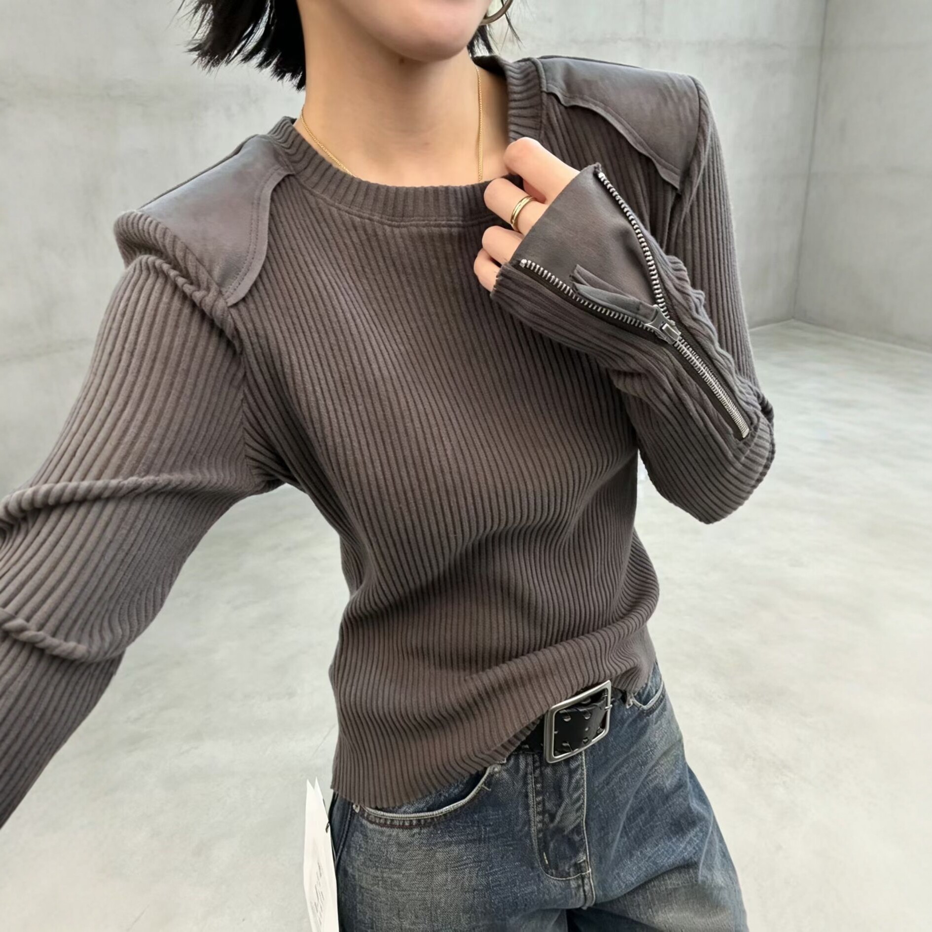 正肩开叉袖针织衫女2026新款秋冬欧洲站圆领长袖弹力显瘦长袖上衣