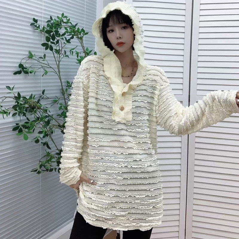 VOQO欧洲站2021新款连帽衬衫女中长款蕾丝打底衫女秋冬洋气内搭