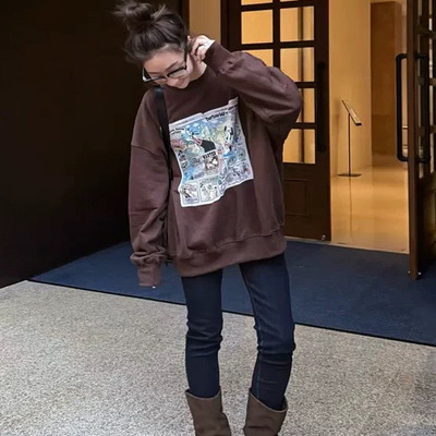 圆领长袖卡通印花卫衣女2025新款