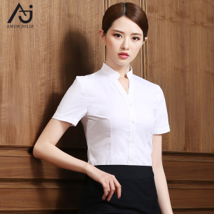 韩版 V领衬衣正装 百搭修身 衬衫 工作服秋 职业OL白色衬衫 工装 女短袖