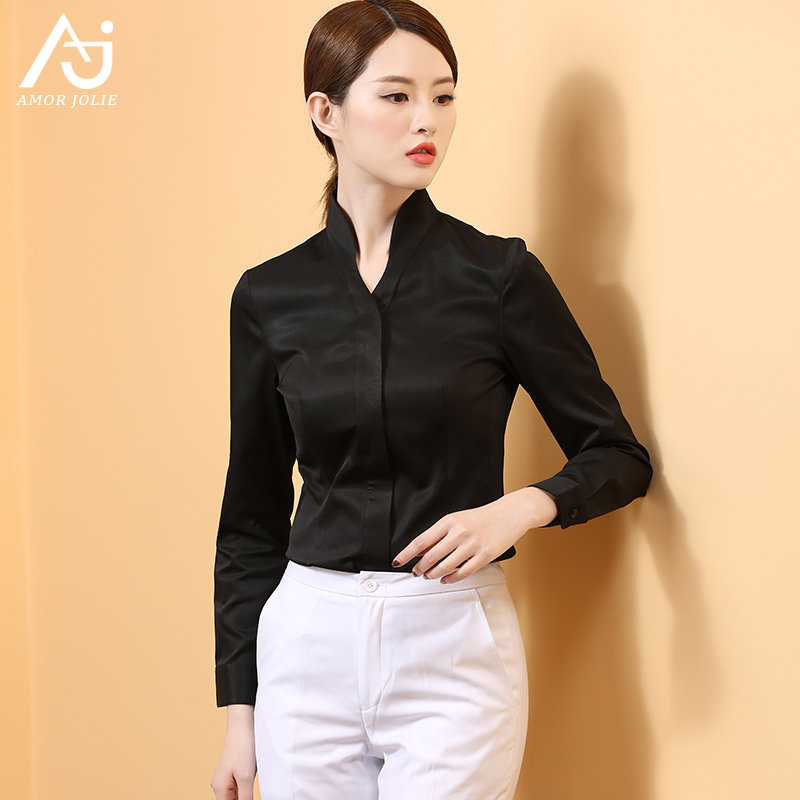 黑色衬衫女短袖V领职业装长袖修身衬衣时尚通勤白领制服工作服春