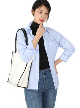 蓝色衬衫女叠穿条纹衬衣设计感小