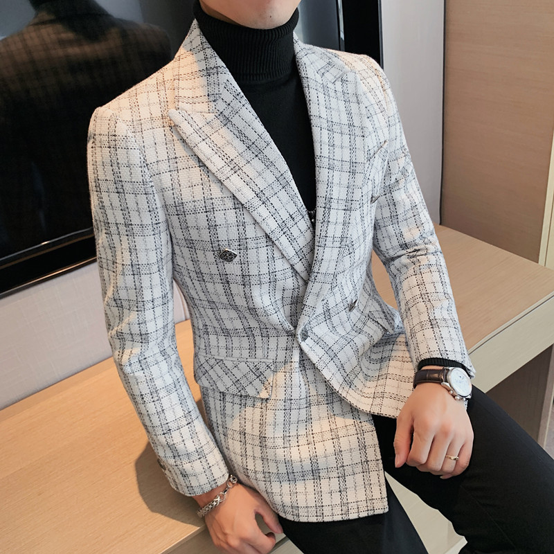 Youth New Korean casual suit mens suit jacket thickened lattice single suit double row button wool suit