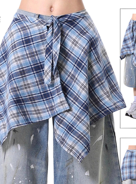 遮胯叠穿蓝色格子一片式屁帘女系带不对称藏肉神器男下摆衫遮挡裙