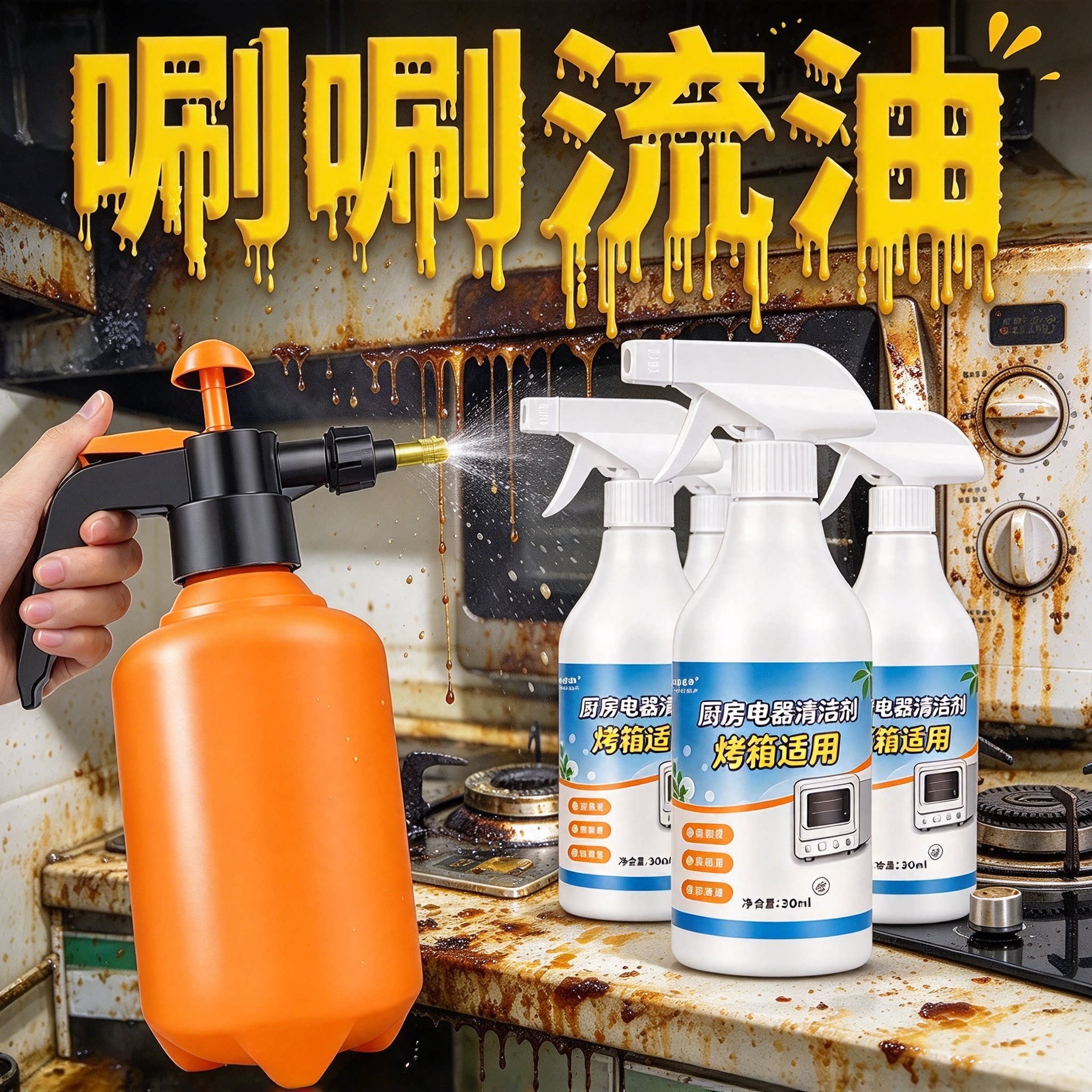 3瓶喷雾清洁剂去油污微波炉烤箱