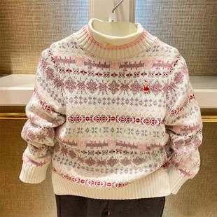 圣诞复古粉色针织衫 女童装 女宝棉休闲百搭毛衣潮 2024秋冬新款 童装