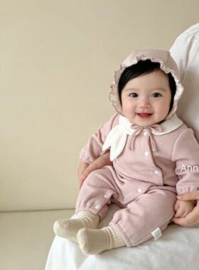 婴儿衣服秋冬装薄绒连体衣新生女宝宝满月百天超萌公主哈衣外出服