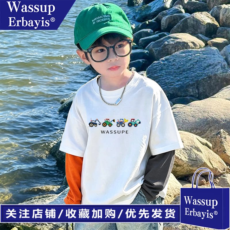 男童长袖假两件T恤纯棉
