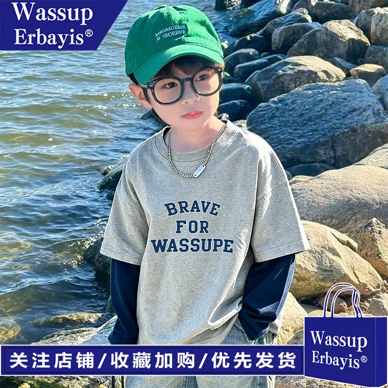 男童假两件长袖儿童纯棉T恤