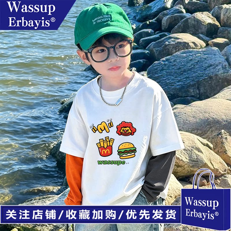 男童长袖假两件T恤纯棉春秋季