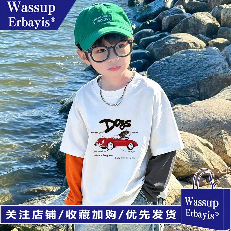 WASSUP男童假两件长袖T恤纯棉