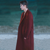 秋季 酒红色羊绒大衣男生中长款 翻领宽松双排扣羊毛呢子休闲时尚 冬