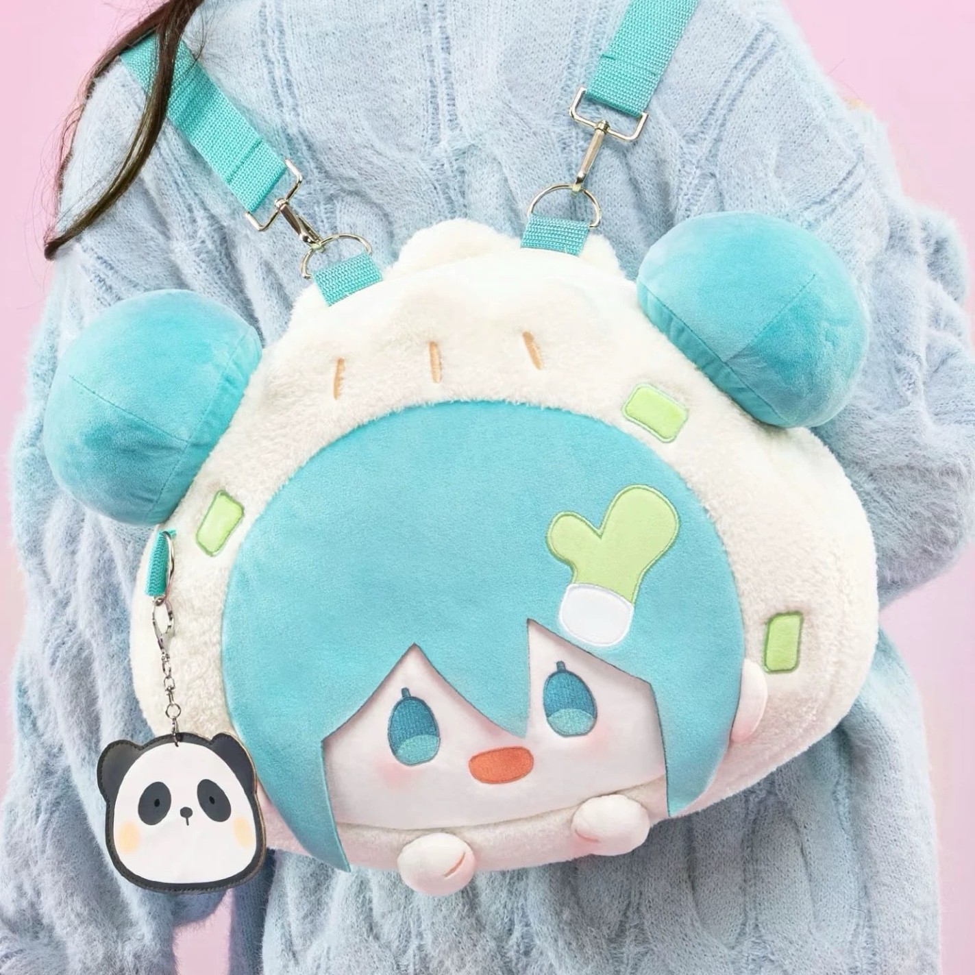 日系初音未来二次元毛绒双肩包痛包卡通可爱miku丸子头单肩斜挎包