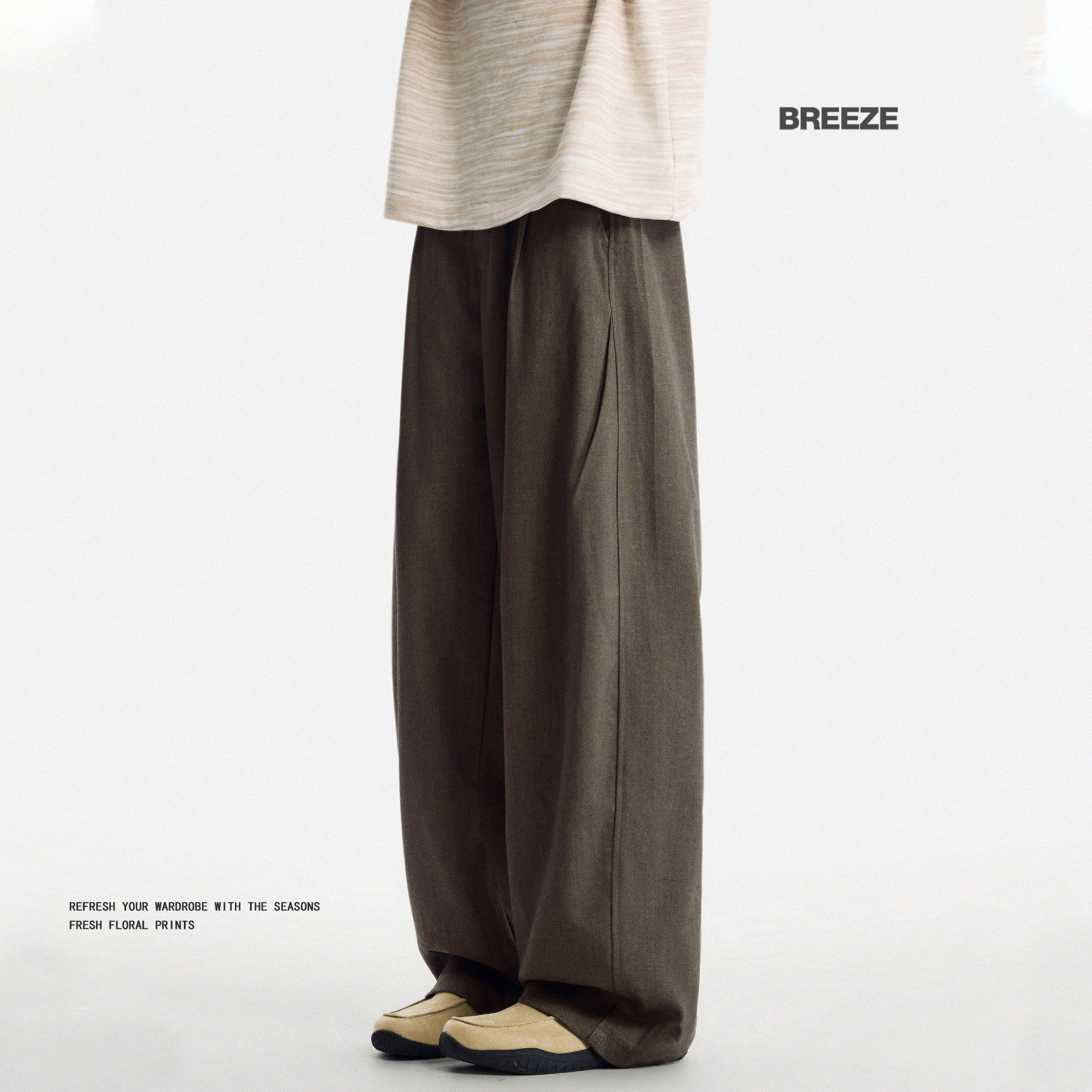 BREEZE秋季羊毛混纺美式松弛高级日常通勤简约宽松阔腿休闲长裤男
