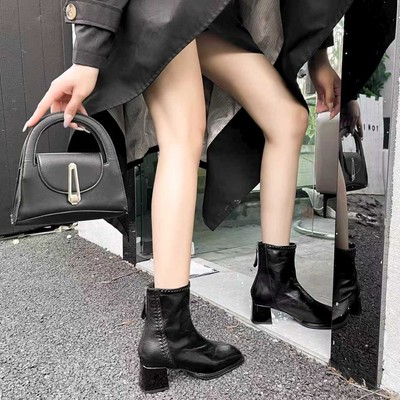 MissBeney滨莉小姐棕色洋气小短靴2025秋新款法式瘦瘦靴方头粗跟