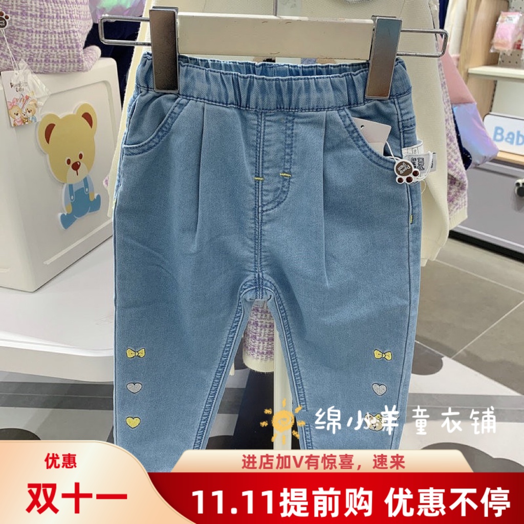 2022年春款女童婴童小熊印休闲牛仔长裤
