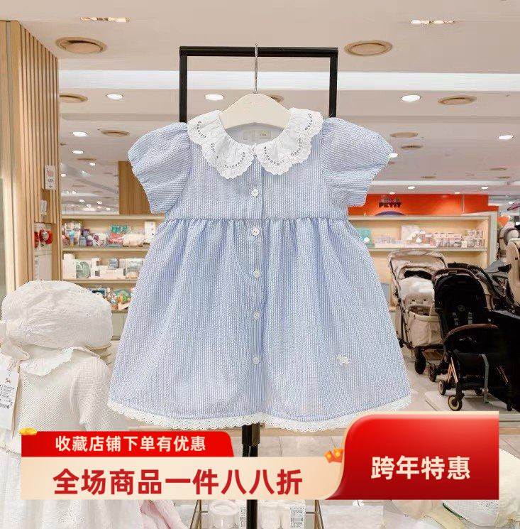 验货2025夏季新款小木马童装女宝蕾丝领蓝色衬衫田园风婴儿连衣裙