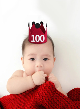 满月百天红色帽子宝宝婴儿拍照道具气球布置场景装饰100仪式感30