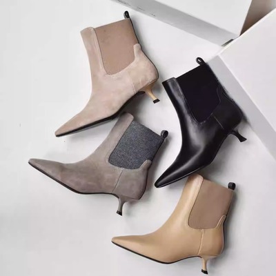 尖头真皮高跟女靴24秋冬新款短信