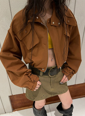 2025秋潮流时尚侧口袋立领抽褶收腰短款夹克外套蝙蝠袖夹克85121