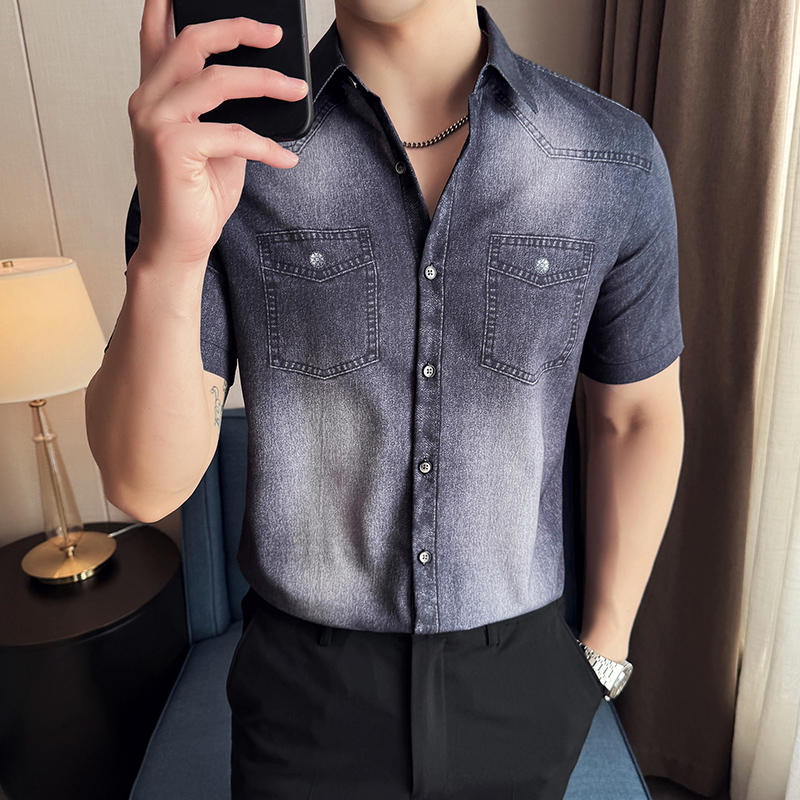 牛仔洗水衬衫时尚休闲免熨短袖衬衣CS014-P58，男装衬衫，星座1606-1