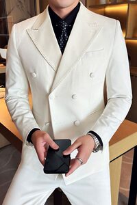 撞色拼接韩版修身西服潮流时尚双排扣西装三件套2416-P270图片
