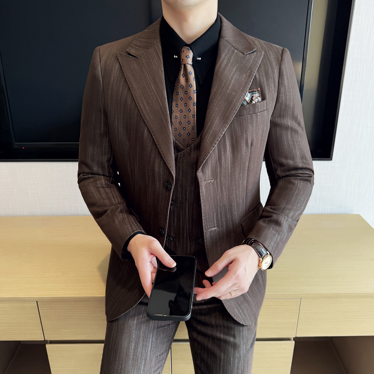 莱赛尔醋酸男士商务休闲西服韩版修身条纹西装套装2530-P285，男装西服套装，星座1606-1