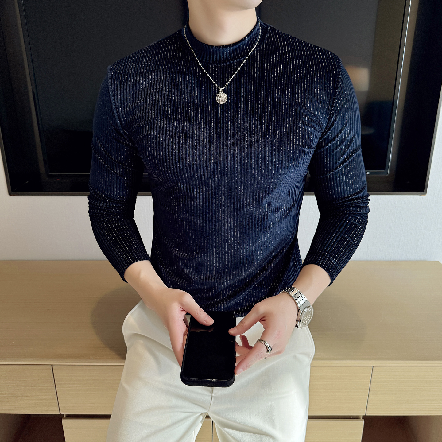 DS043-P48坑条纹半高领T恤金丝绒男士修身立体打底衫，男装T恤，星座1606-1