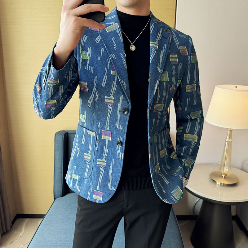 提花牛仔韩版修身西服时尚潮流休闲西装DX28-P168,男装西服套装,星座1606-1