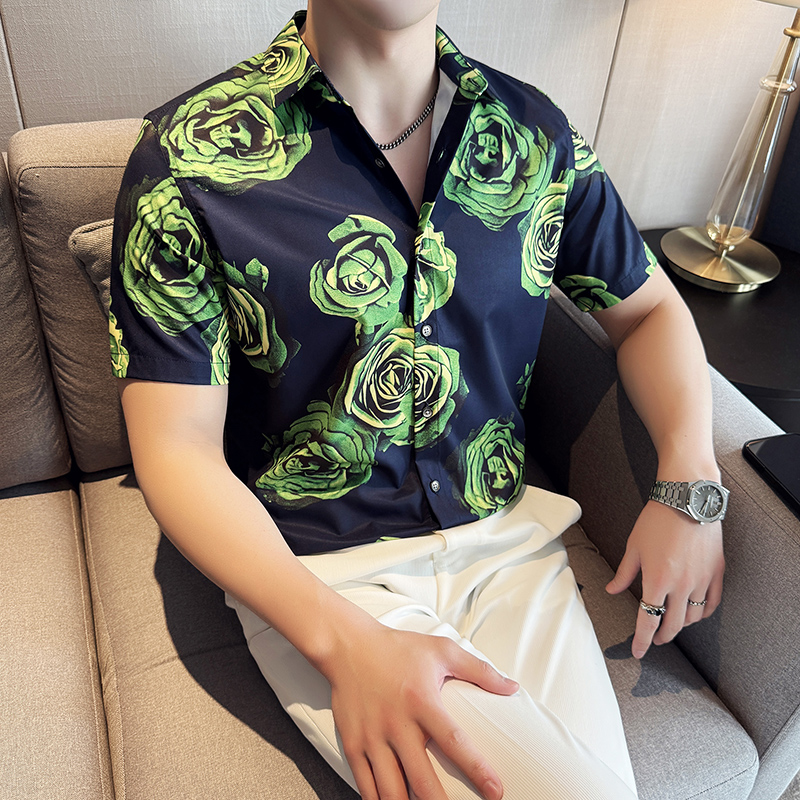 夏季印花短袖衬衫冰丝时尚休闲免熨衬衣男CS024-P58，男装T恤，星座1606-1