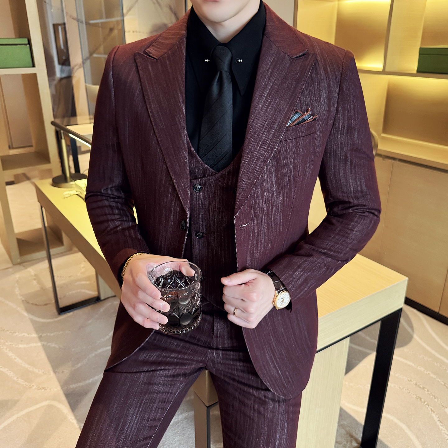 莱赛尔醋酸男士商务休闲西服韩版修身条纹西装套装2530-P285，男装西服套装，星座1606-1