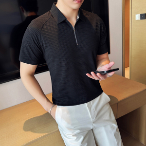 华夫格冰丝无痕PLO衫拉链上衣男短袖2818-P63，男装Polo衫，星座1606-1