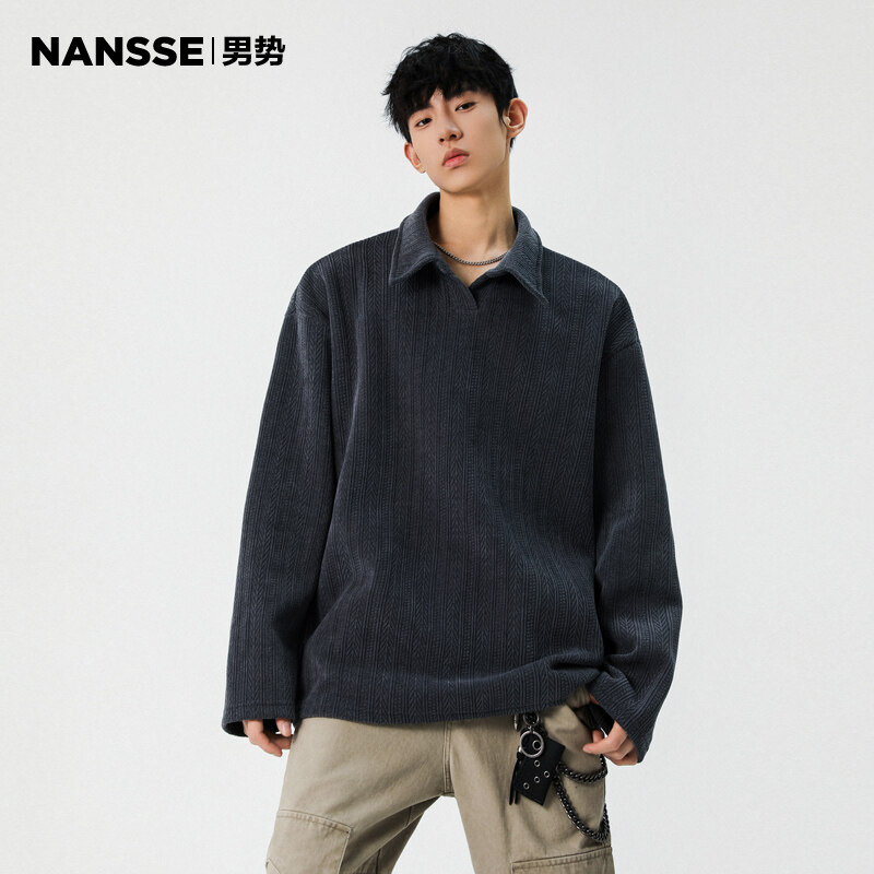 麦穗纹提花polo衫长袖t恤男2025春秋新款美式复古宽松内搭打底衫