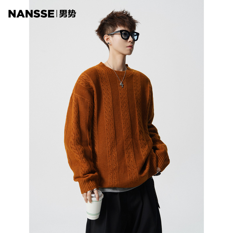 美式重磅麻花纹圆领毛衣男生秋冬潮牌慵懒宽松休闲保暖大码针织衫