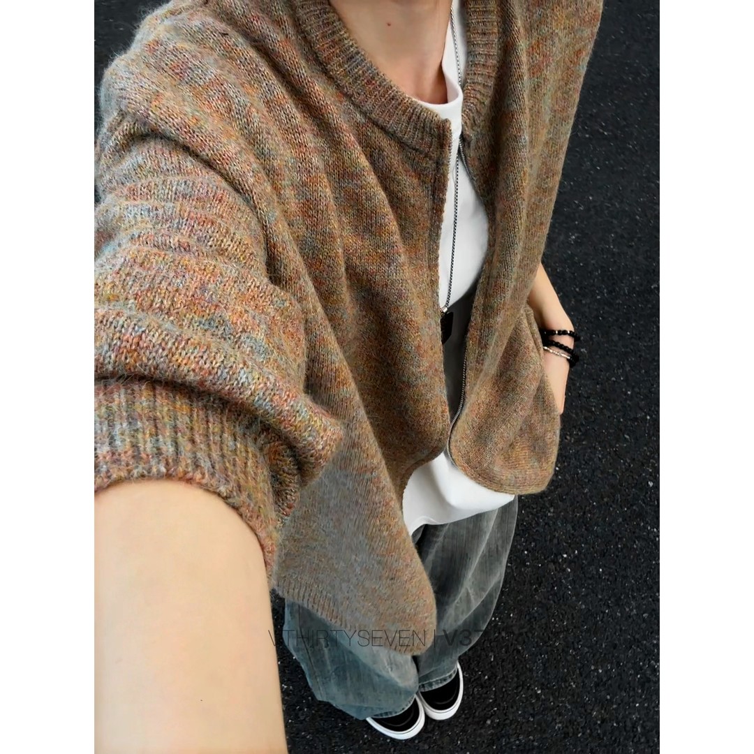 美式miu系圆领双拉链毛衣开衫男女老钱风慵懒休闲针织人夫感外套