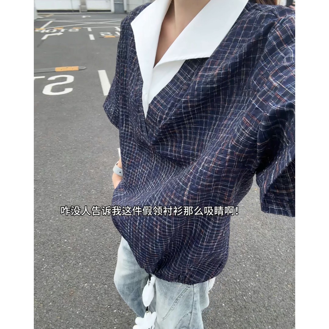 假两件格子V领短袖衬衫男款图片