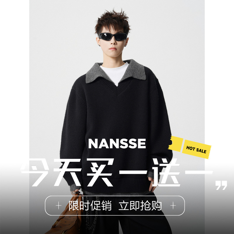 美式假两件V领毛衣男生秋季新款