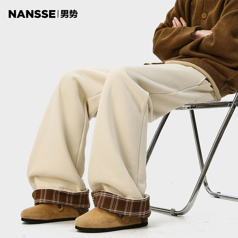 美式复古格子拼接休闲裤子男冬季