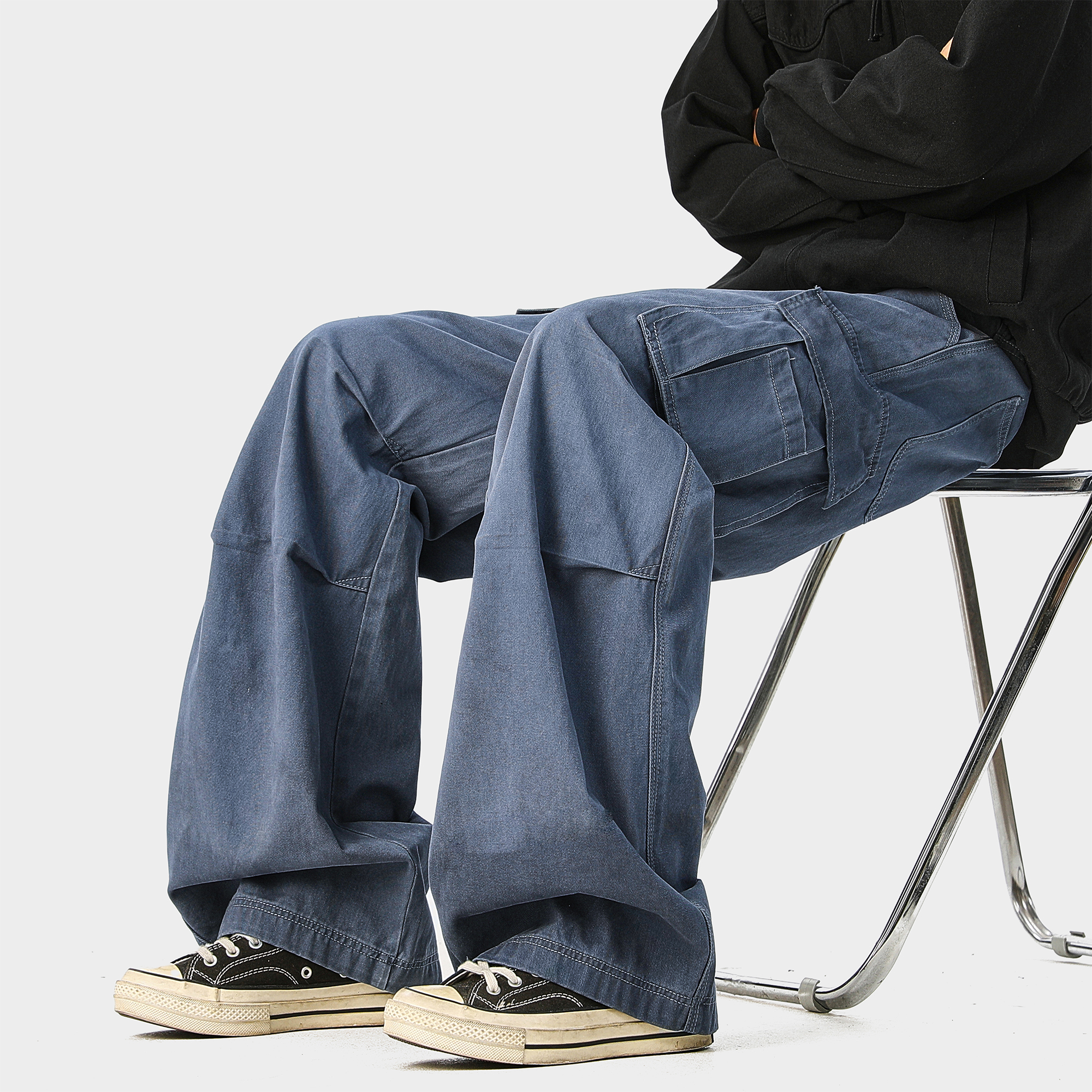 法工蓝褶皱拼接工装裤男生秋季