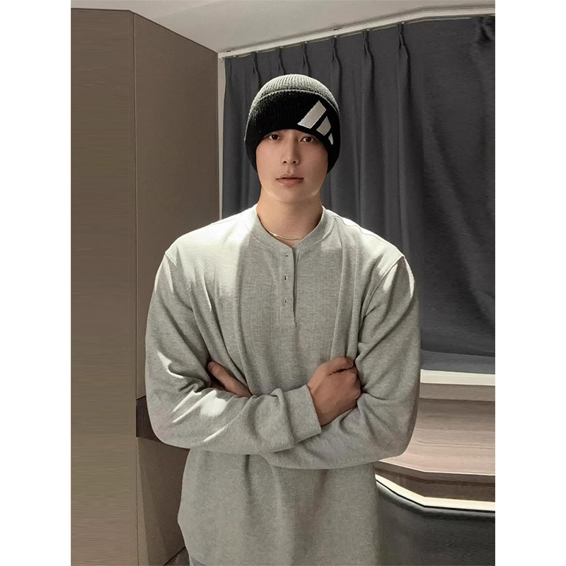 灰色亨利领长袖t恤男春秋季成熟